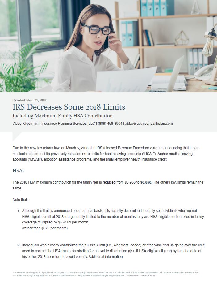 IRS Decreases Some 2018 Limits